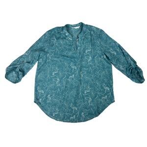 NWOT Lush Teal‎ & Cream Floral Roll Sleeve Tunic Shirt - Size Large